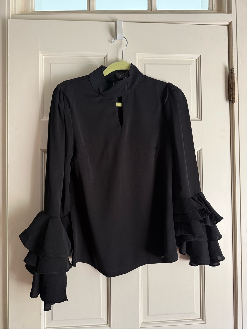 Gracia Black Ruffle-Sleeve Mock Neck Blouse size M